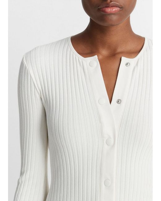 Vince Ribbed Snap-front Long-sleeve Top, Off White, Size S