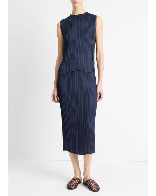 Vince Blue Pleated Satin Straight Pull-On Skirt