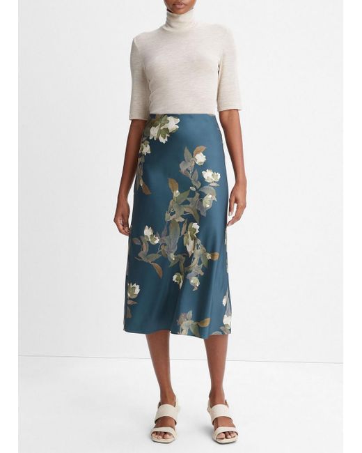 Vince Camellia Branch Satin Slip Skirt, Blue, Size 10
