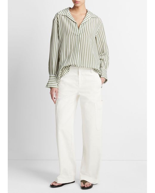 Vince Coastal Stripe Shaped-collar Shirt, Sea Fern/optic White, Size S