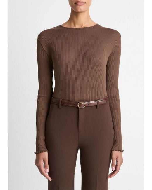 Vince Brown Ruffled-Edge Pima Cotton Long-Sleeve T-Shirt