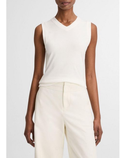 Vince White Pima Cotton-Blend High V-Neck Shell