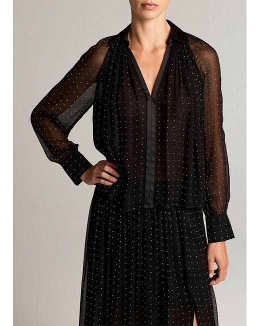 Vince Black Heat-Set Dot Chiffon Gathered Blouse