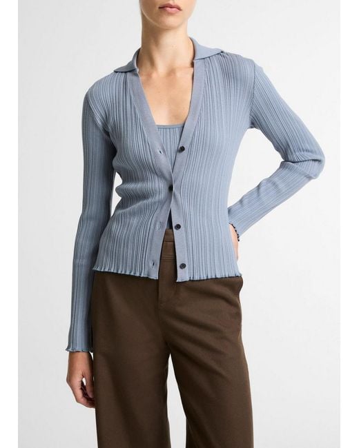 Vince Blue Variegated-Rib Cotton-Blend Polo Top