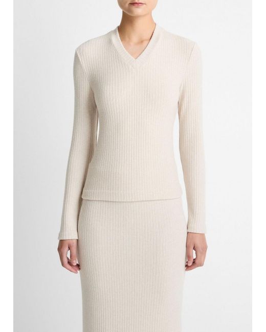 Vince White Cozy Rib High V-Neck Top