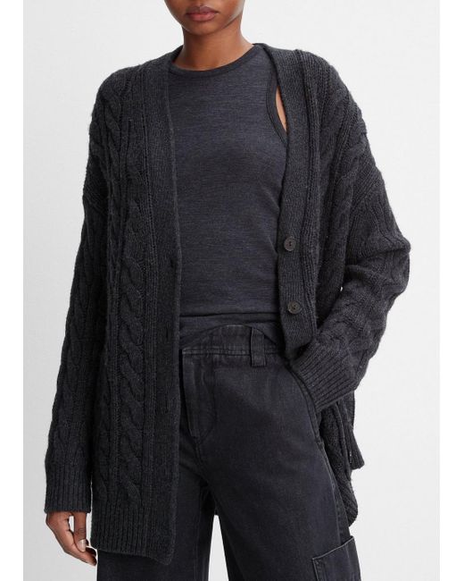 Vince Black Wool And Cashmere Oversized Twisted Cable Cardigan, Grey, Size Xxs