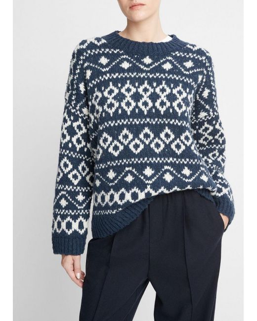 Vince Blue Nordic Fair Isle Crew Neck Sweater, Multicolor, Size Xs