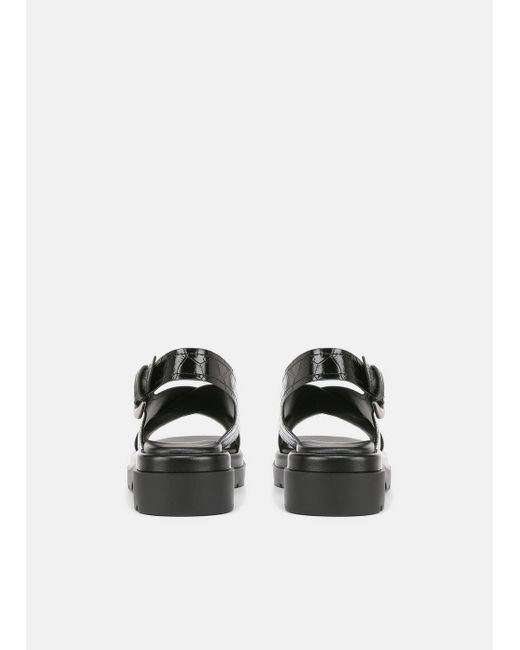 Vince White Helena Croc-embossed Leather Lug-sole Sandal, Black, Size 6.5