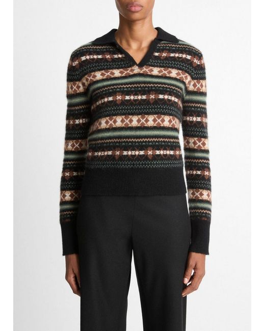 Vince Black Fair Isle Cashmere Polo Sweater