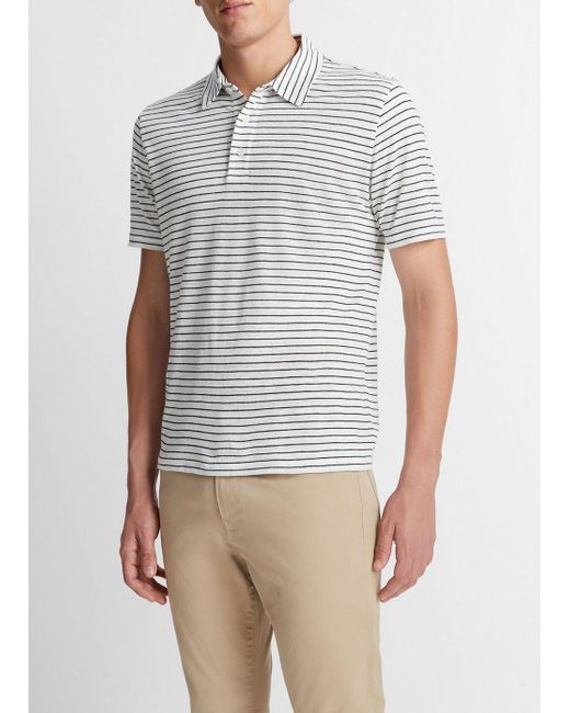 Vince Striped Linen Short-sleeve Polo Shirt, Optic White/coastal Blue, Size L for men
