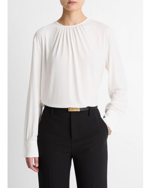 Vince White Matte Jersey Gathered Blouse