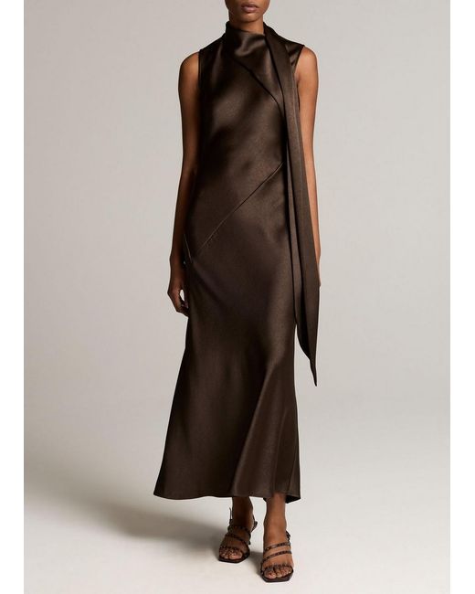 Vince Brown Satin Scarf-Neck Dress