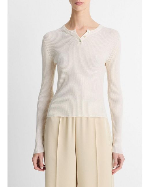 Vince Natural Ribbed Cashmere-Silk Henley Sweater