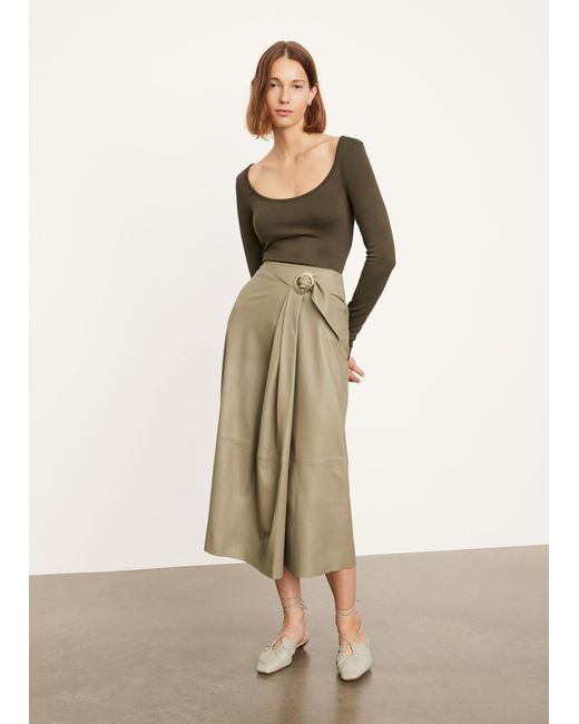 Vince Leather Wavy Buckle Midi Skirt in Green Lyst