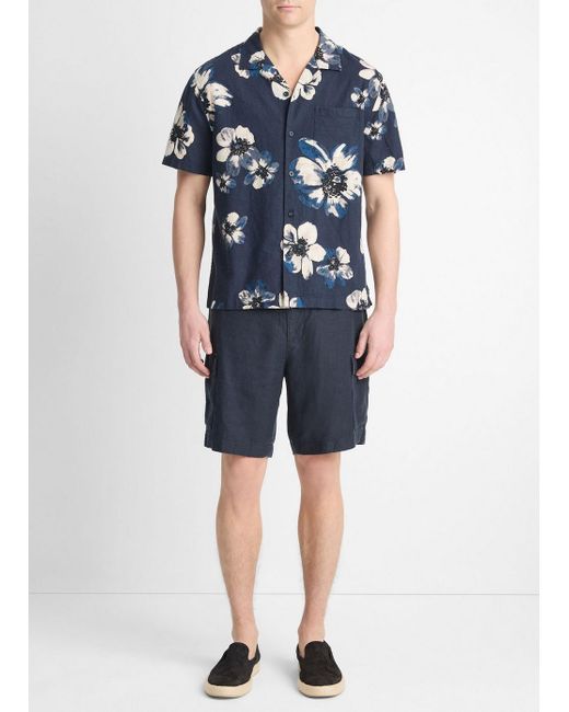 Vince Blue Blossoms Linen-Blend Button-Front Shirt, Coastal/Morning Haze for men