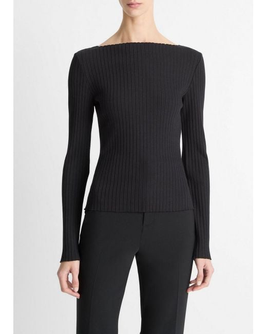 Vince Black Ribbed Cotton-Blend Slash-Neck Long-Sleeve Top