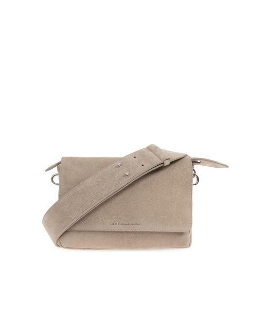 AMI Gray Leather Shoulder Bag With Logo
