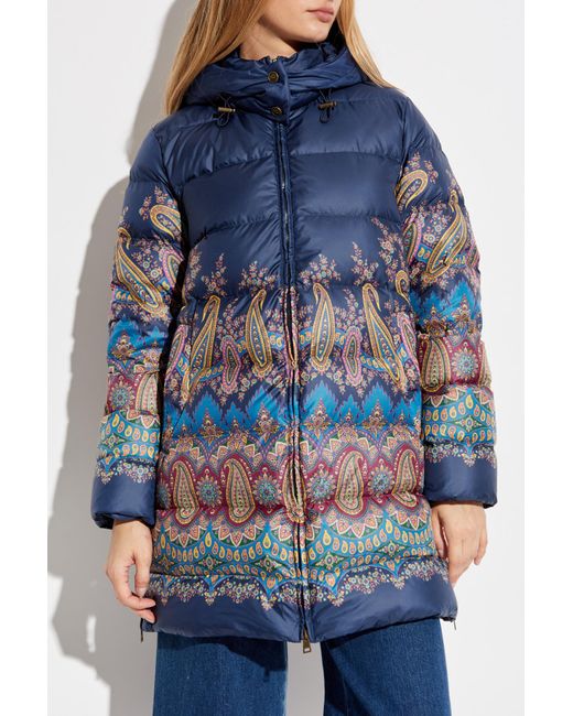Etro Blue Down Jacket With Print