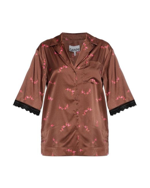 Ganni Red Shirt With Floral Motif