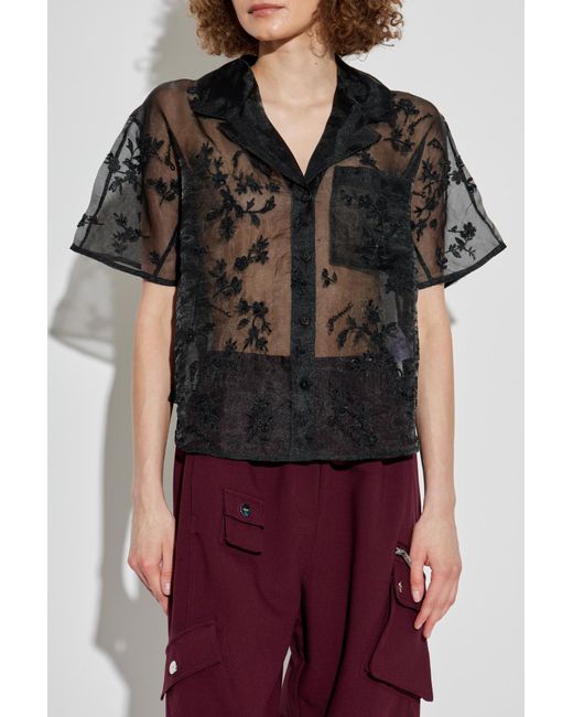 Ganni Black Transparent Shirt With Shimmering Appliqués