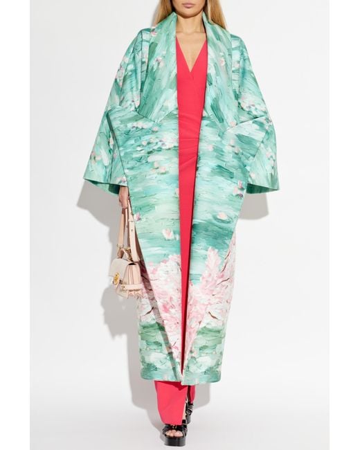 Balmain Green Long Coat With Floral Motif