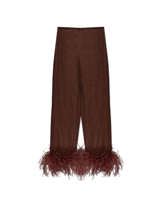 Oseree Brown Trousers With Lurex Thread And Feathers