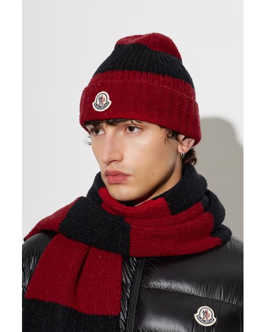Moncler Red Wool Beanie With Logo Patch for men