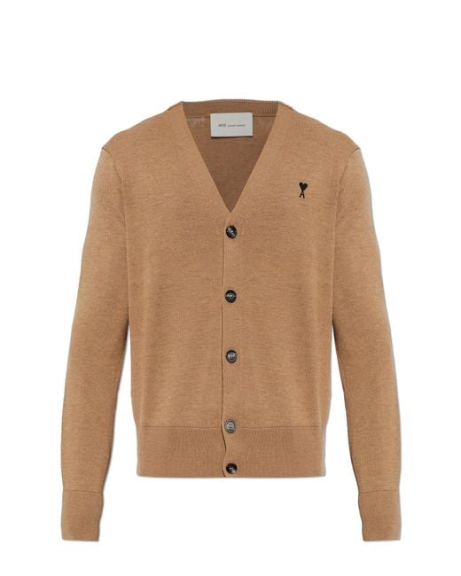 AMI Natural Wool Cardigan With Embroidered Logo for men
