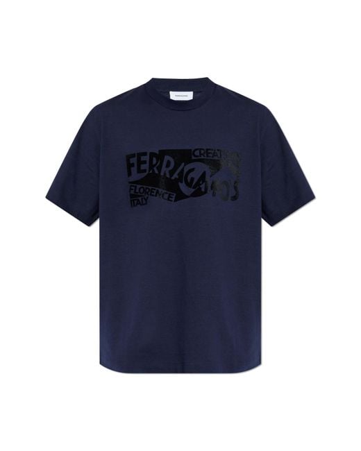Ferragamo Blue T-Shirt With A Velvet-Finish Logo for men