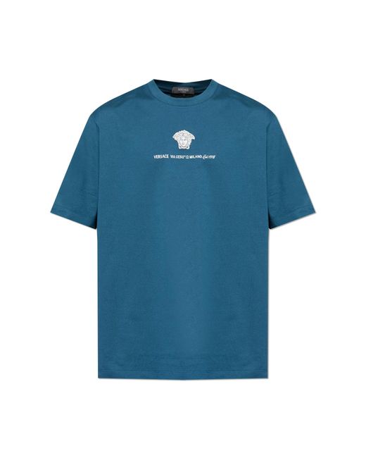 Versace Blue T-Shirt With Embroidered Logo for men