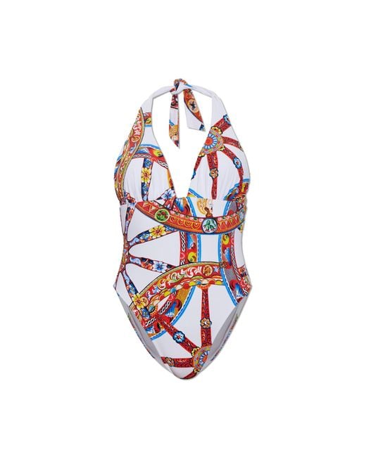 Dolce & Gabbana White One-Piece Swimsuit With 'Carretto' Print