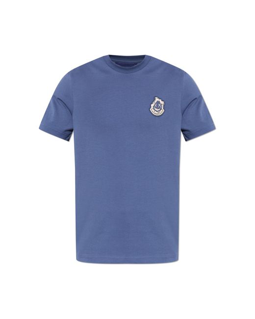 Moncler Blue T-Shirt With Logo Patch for men