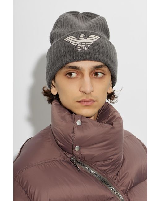 Emporio Armani Black Wool Beanie With Embroidered Logo for men