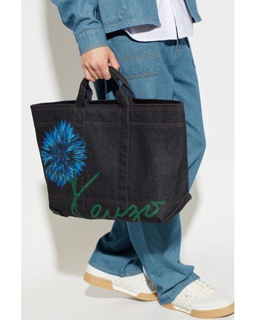 KENZO Black Denim Bag With Floral Motif for men