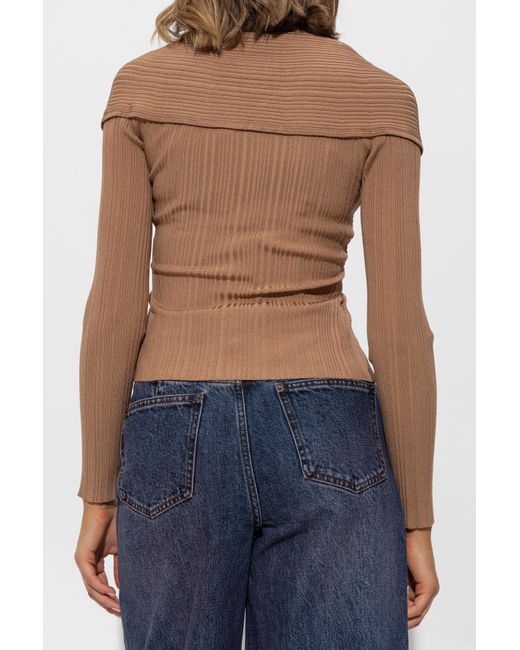 Self-Portrait Brown Ribbed Top With Long Sleeves
