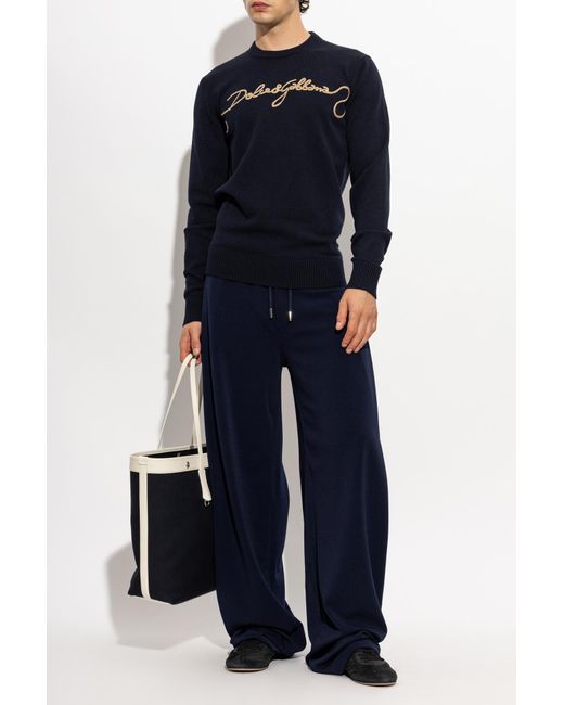 Dolce & Gabbana Blue Wool Sweater With Embroidered Logo for men