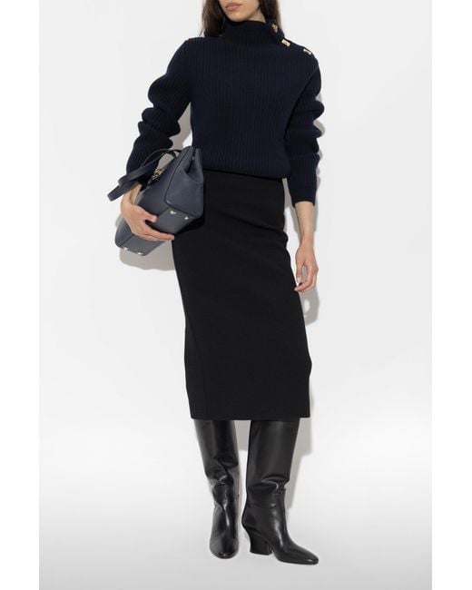 Ferragamo Blue Sweater With Decorative Fastening On The Shoulder