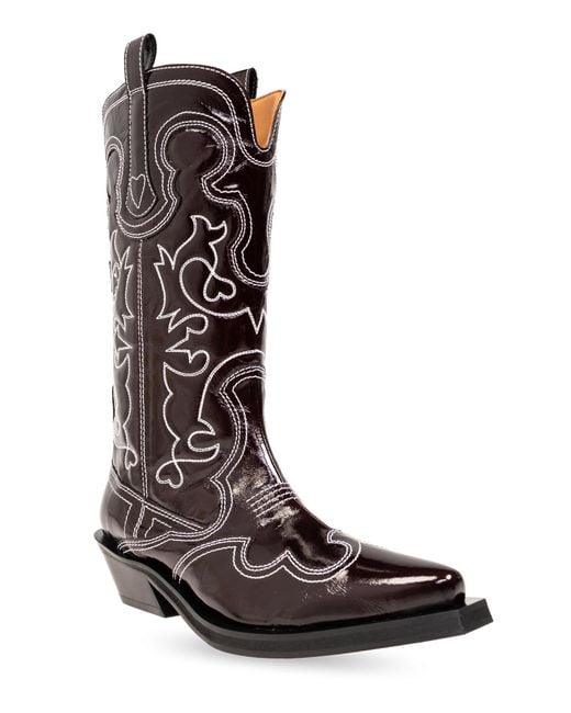Ganni Brown Cowboy Boots With An Embroidered Pattern,