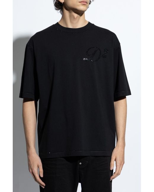 DSquared² Black T-Shirt With Shimmering Crystals for men