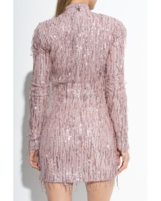 ROTATE BIRGER CHRISTENSEN Pink Dress With Fringes And Shimmering Sequins,