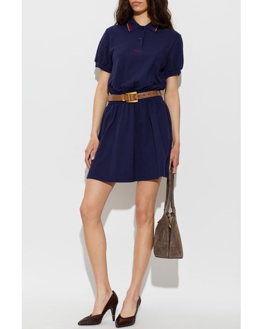 Versace Blue Cotton Dress With Embroidered Logo