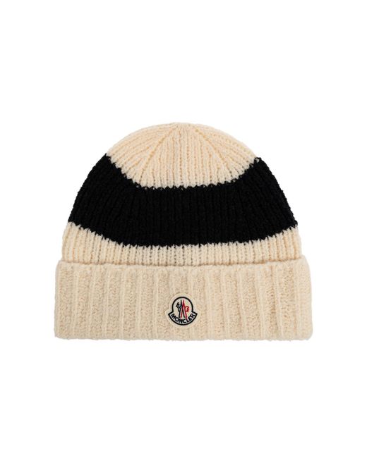 Moncler Black Wool Beanie With Logo Patch for men