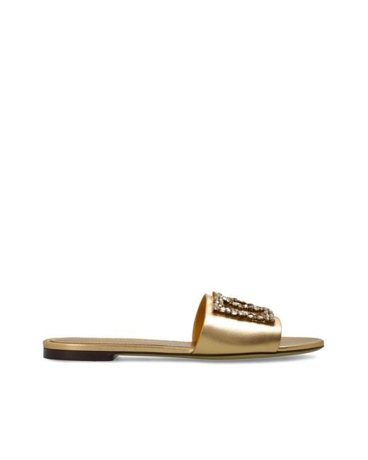 Dolce & Gabbana Metallic Leather Slides With Shimmering Embellishments