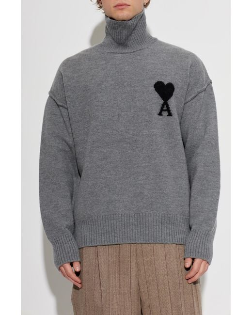 AMI Gray Wool Turtleneck With Logo for men