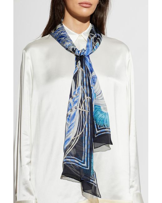 Ferragamo Blue Silk Scarf With Fringes