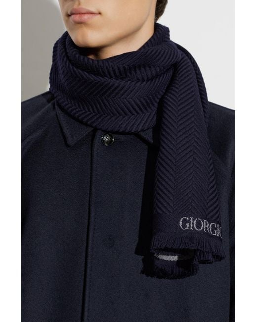 Giorgio Armani Blue Wool Scarf With Herringbone Pattern for men