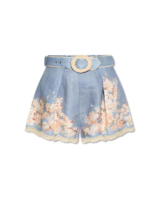 Zimmermann Blue Linen Shorts With Floral Motif,