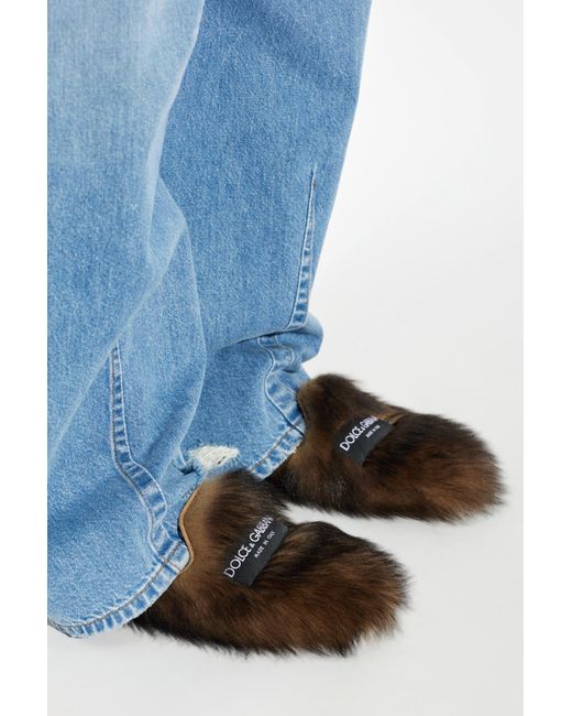 Dolce & Gabbana Brown Futrzane Slides With Logo
