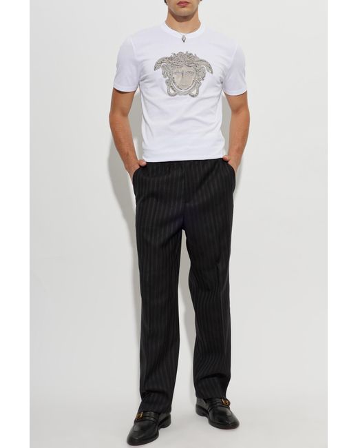 Versace White Cotton T-Shirt With Shimmering Crystals for men