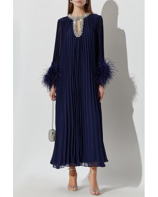 Self-Portrait Blue Pleated Dress With Shimmering Crystals